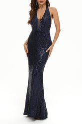 Elegante vestido de noche formal de patchwork liso con cuello halter